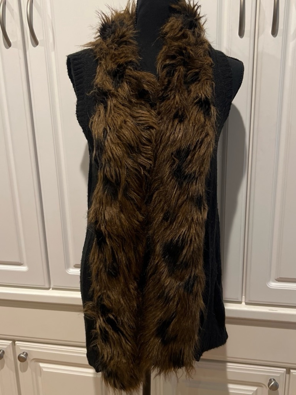 Black Knit Vest with Brown Faux Fur Trim